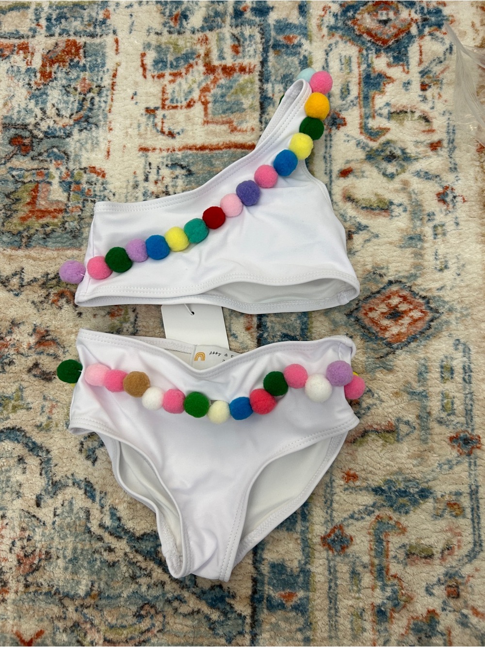 White Girls' Two-Piece Pom Pom Swim Set - Colorful Accents